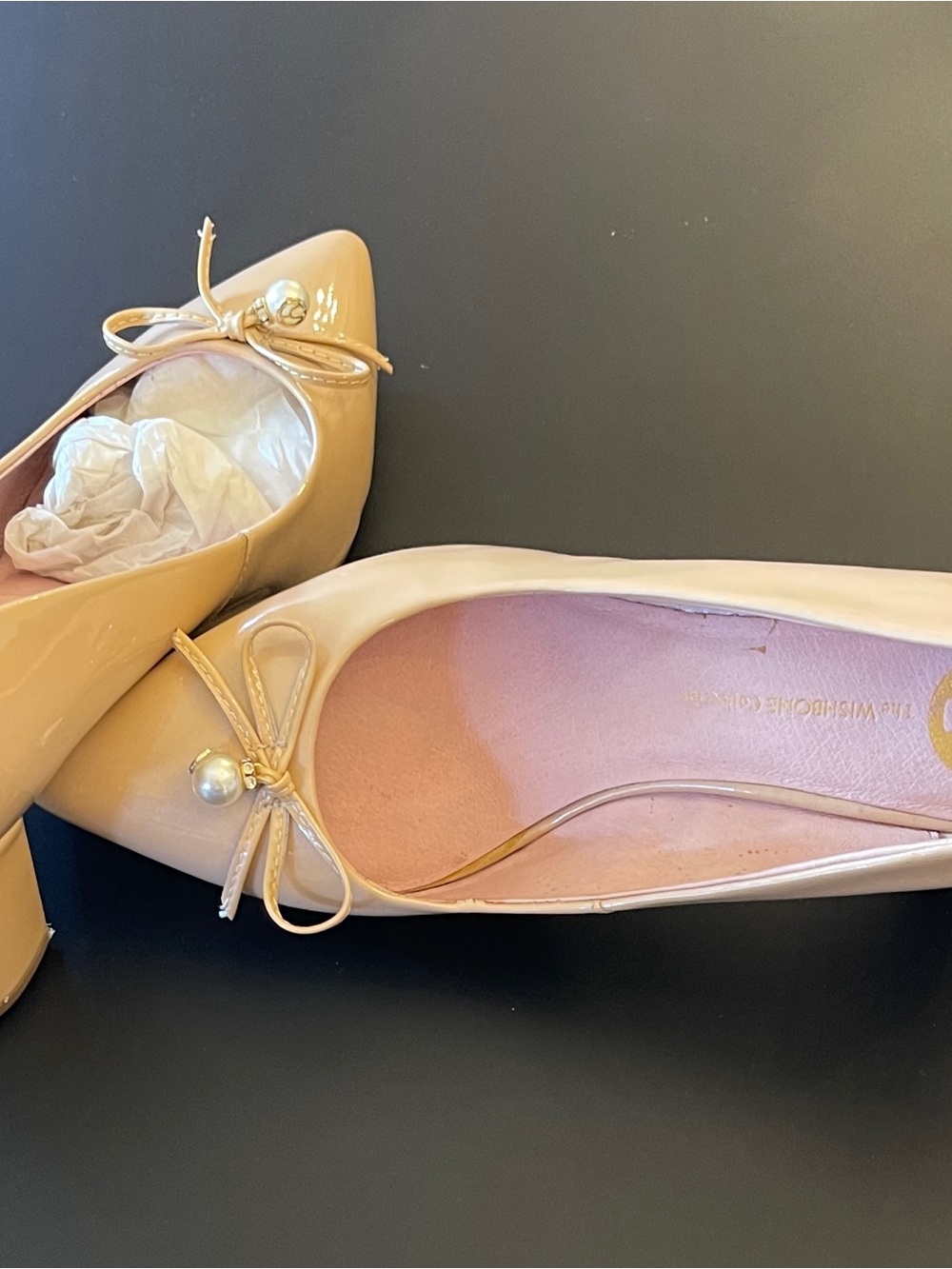 Patent Pointed-Toe Ballet Heels with Bow & Pearl Accent in Nude